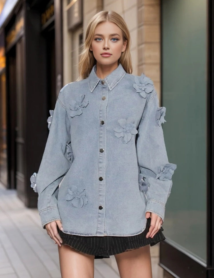 Solid Patchwork Appliques Loose Denim Jacket