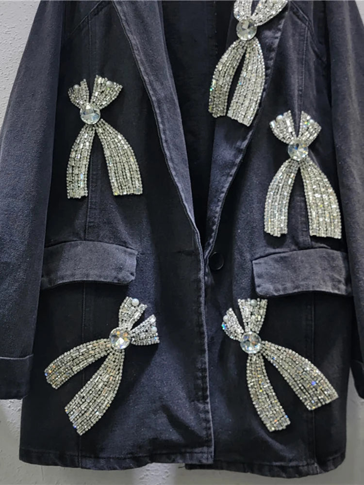 Women's Denim Blazer Big Diamonds Bows Decoration Single Buttons Washed Black Suit Jackets  Autumn New Fashion