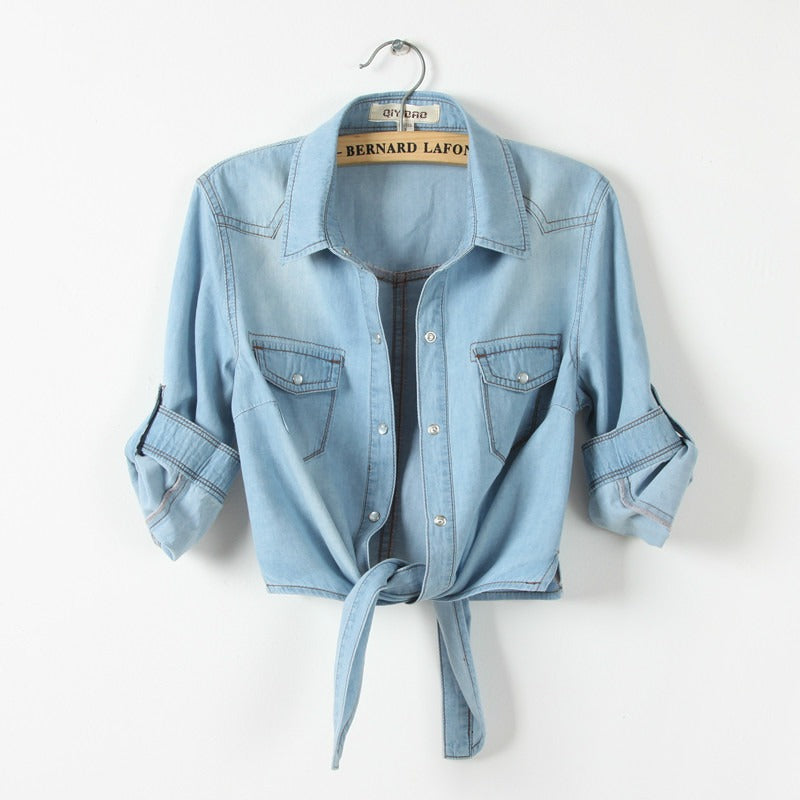 Lacing and Knotting Medium Sleeved  Denim Shirt