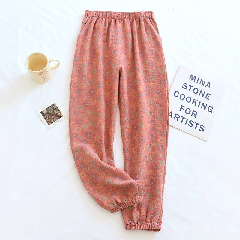 Spring and Summer Pure Cotton Gauze Home Fur Retro Floral Pants