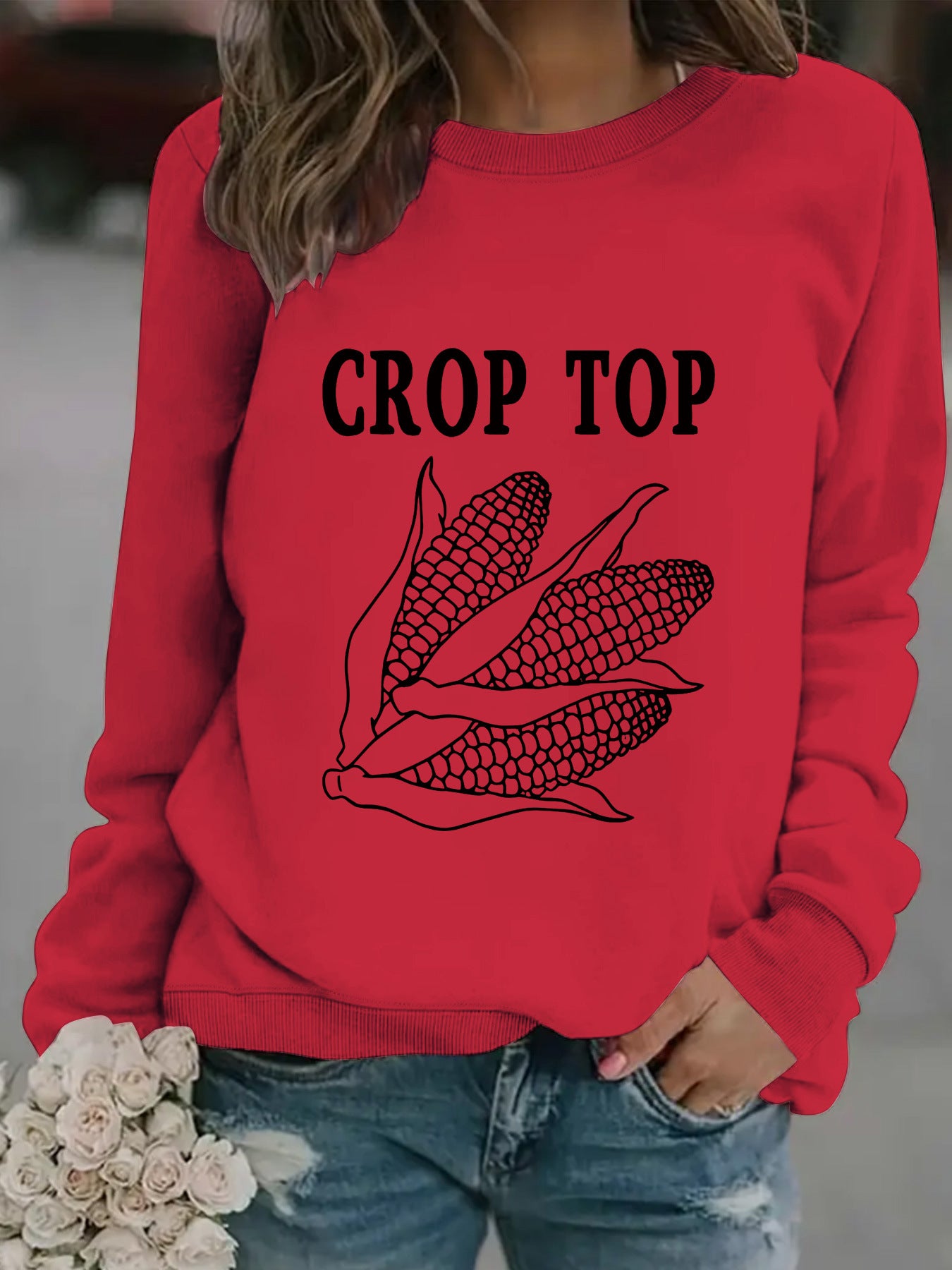 Round neck CROP corn print pullover sweatshirt