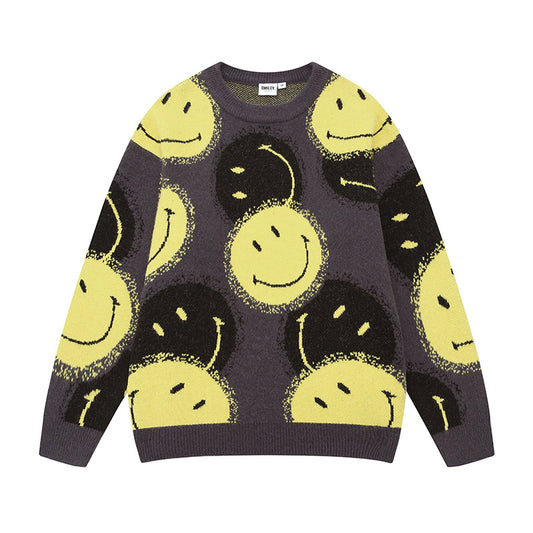Lazy Style Autumn Winter  Smiling Face Jacquard Oversized Sweater