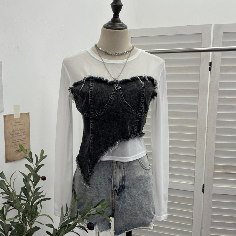 Cowboy patchwork long sleeved mesh T-shirt for women