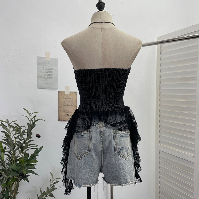 Cowboy patchwork lace ribbon irregular strapless top