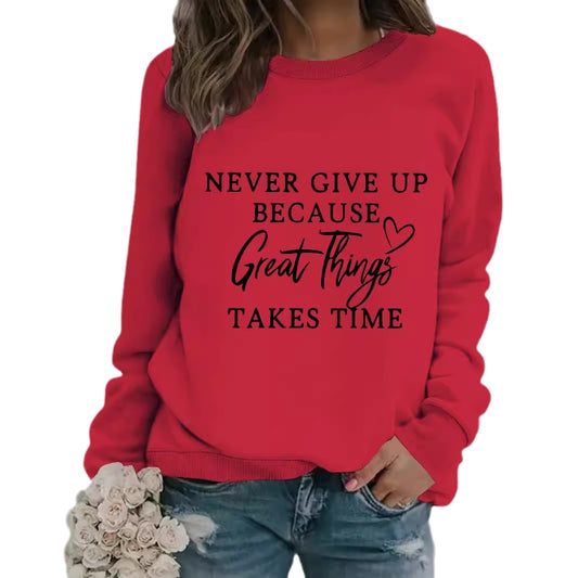 Long Sleeve Round Neck "NEVER GIVE" Print Crewneck Sweatshirt