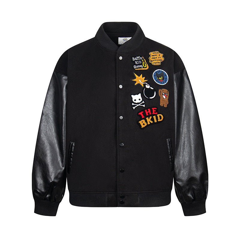Baseball jacket with leather sleeves