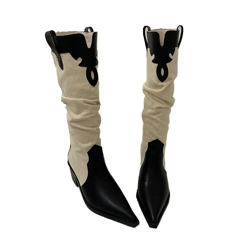 Western Cowboy Women's High Boots Low Heel Ladies Pointed Toe Knee High Boots Shoes Winter High Quality Suede Shoes