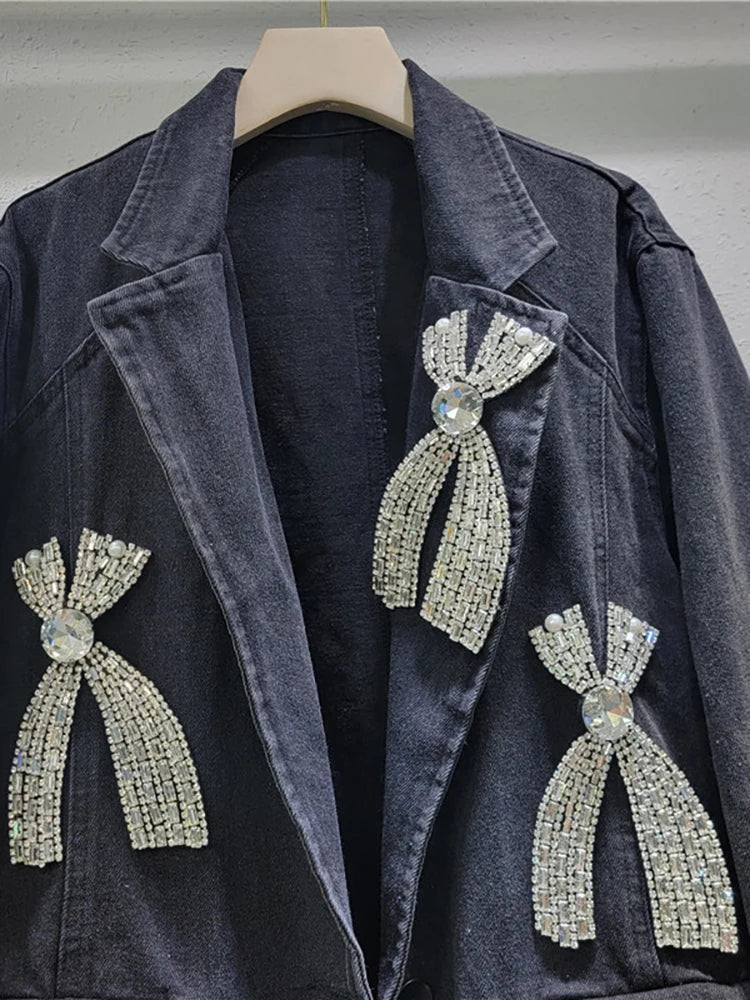 Women's Denim Blazer Big Diamonds Bows Decoration Single Buttons Washed Black Suit Jackets  Autumn New Fashion
