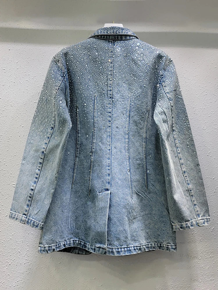 Women's Denim Blazer Washed Blue Vintage Diamonds Rhinestone Single Button Suit Jackets  Autumn New Fashion