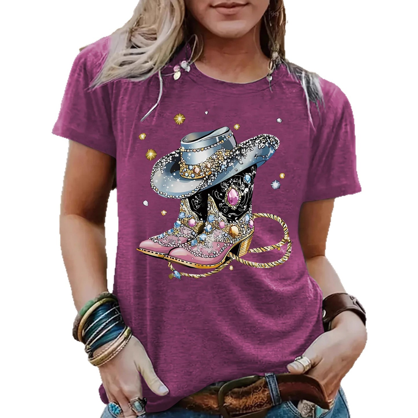 Round neck short sleeved women's T-shirt cowboy hat cowboy boots