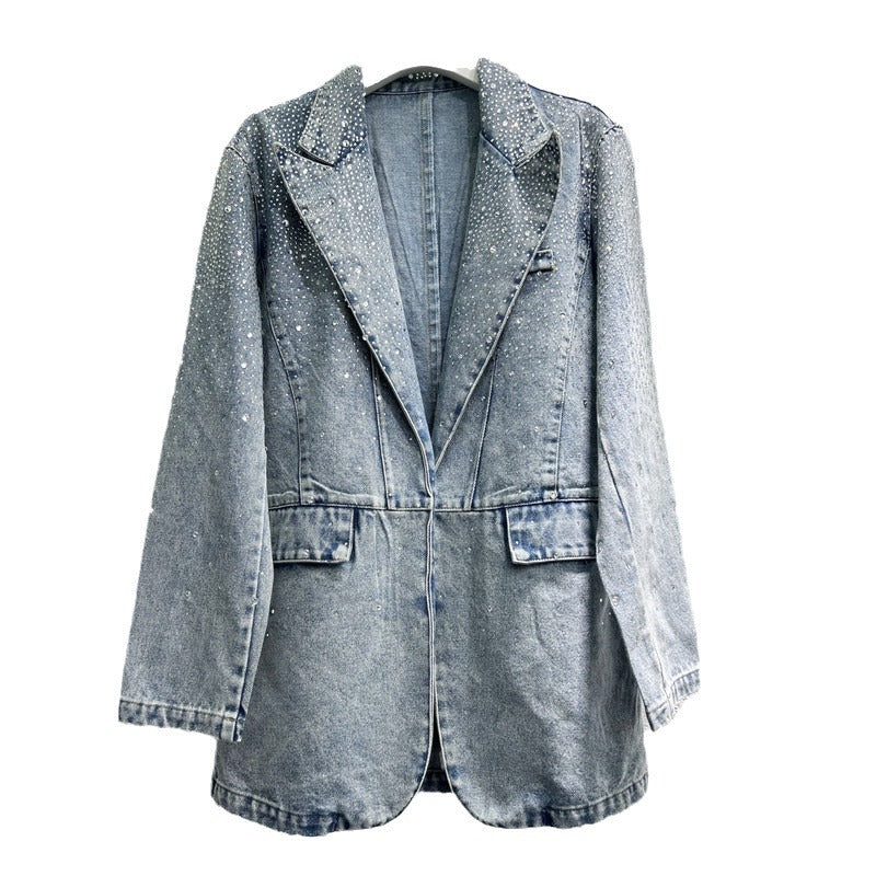 Women's Denim Blazer Washed Blue Vintage Diamonds Rhinestone Single Button Suit Jackets  Autumn New Fashion