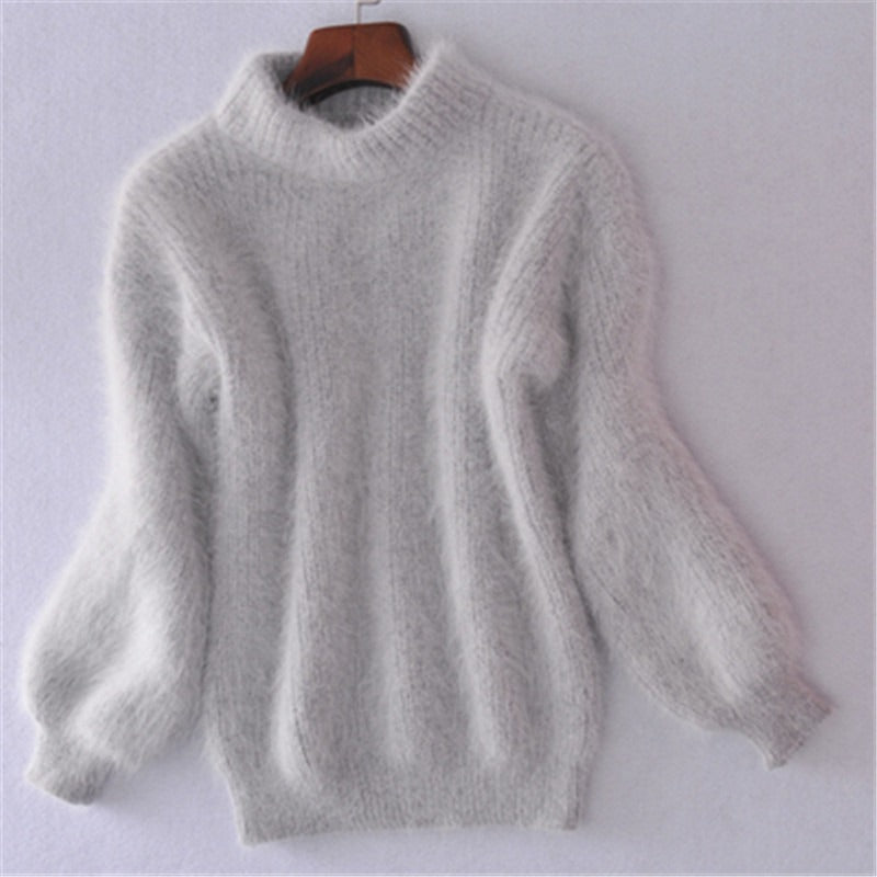 Imitation mink fur semi high neck knitted sweater
