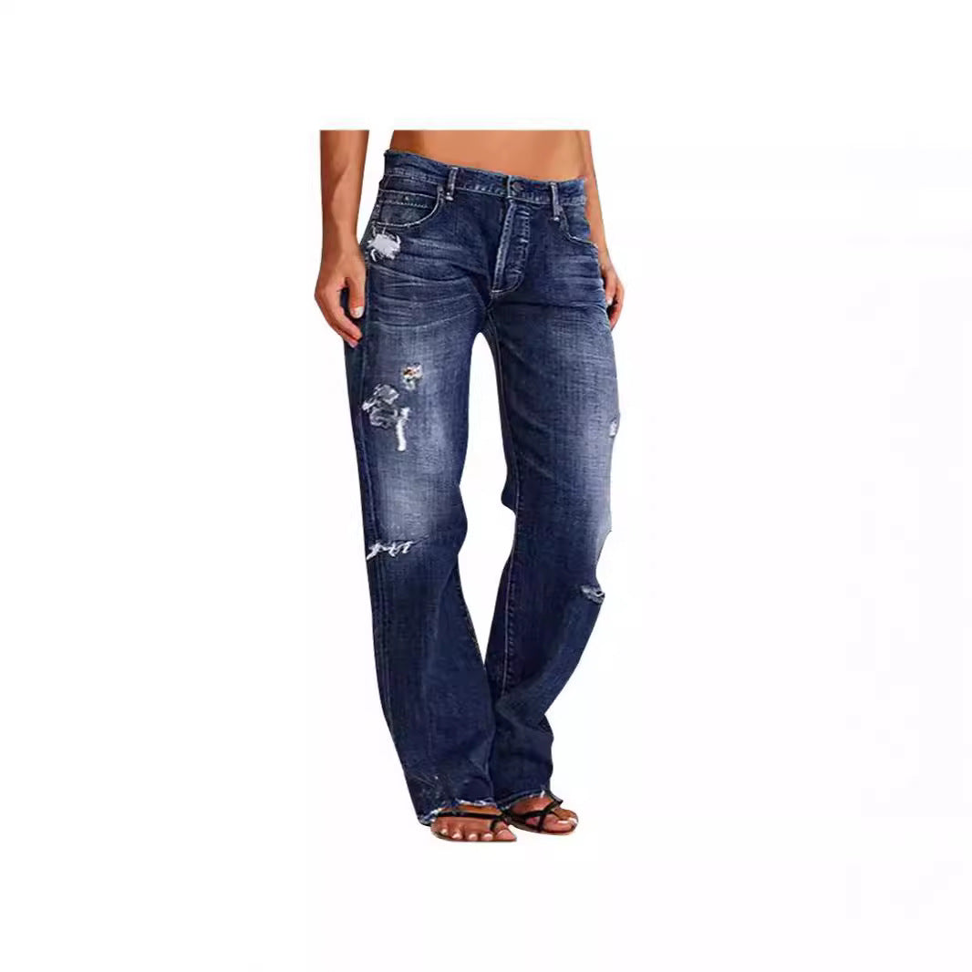 Cowboy pants with mid waist hole straight leg pants