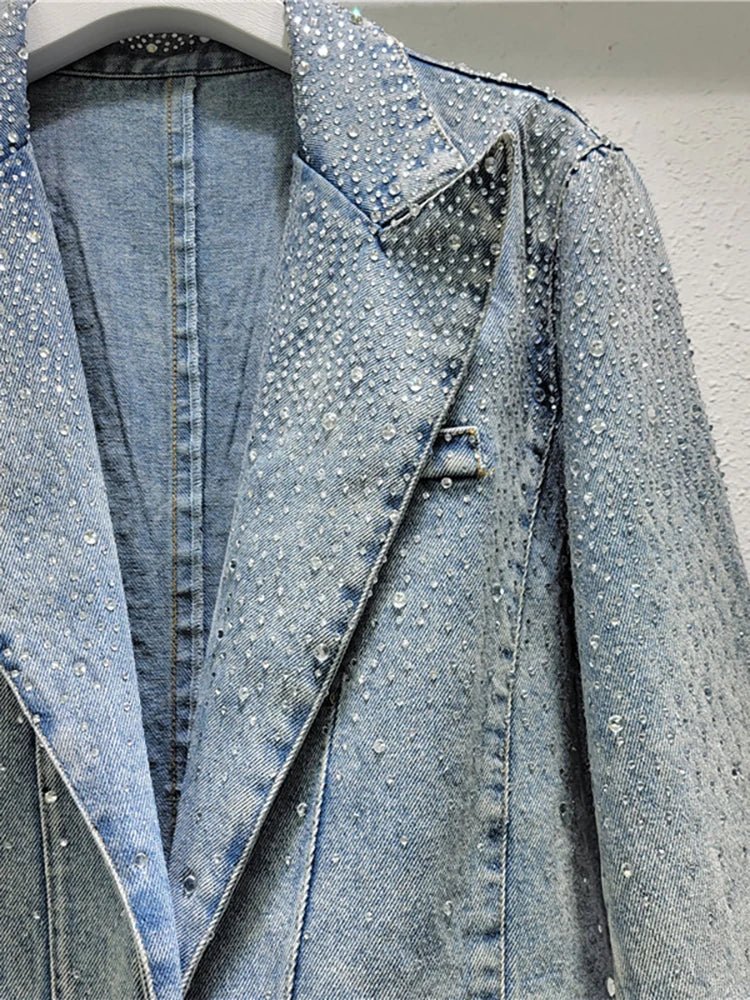 Women's Denim Blazer Washed Blue Vintage Diamonds Rhinestone Single Button Suit Jackets  Autumn New Fashion