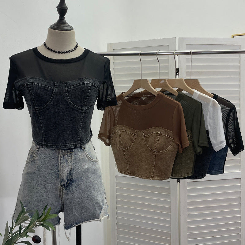 Cowboy patchwork mesh short sleeved T-shirt