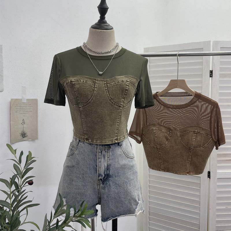 Cowboy patchwork mesh short sleeved T-shirt