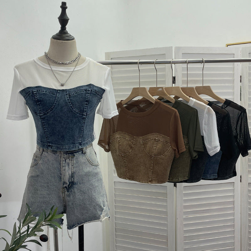 Cowboy patchwork mesh short sleeved T-shirt