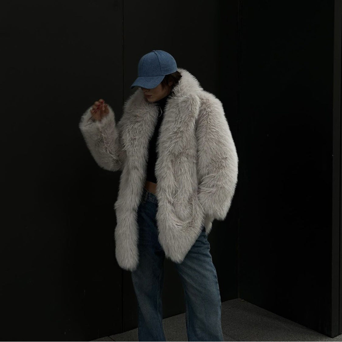 Khaki grey faux fur warm loose jacket