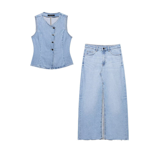 Cowboy vest+denim skirt set for women