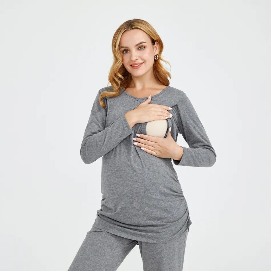 Solid colour round neck long sleeved maternity suit