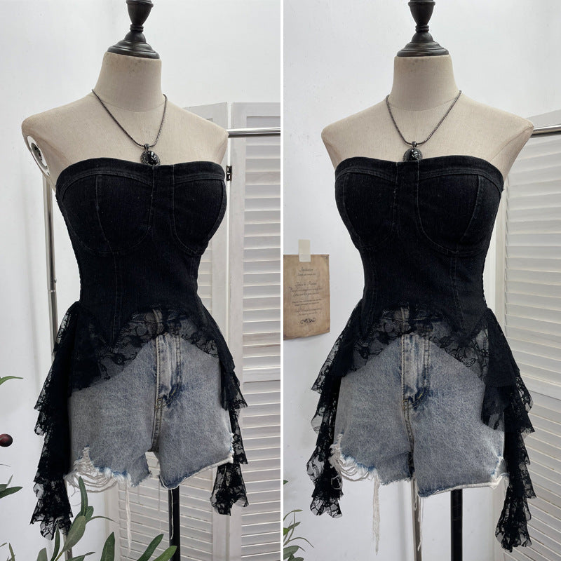 Cowboy patchwork lace ribbon irregular strapless top