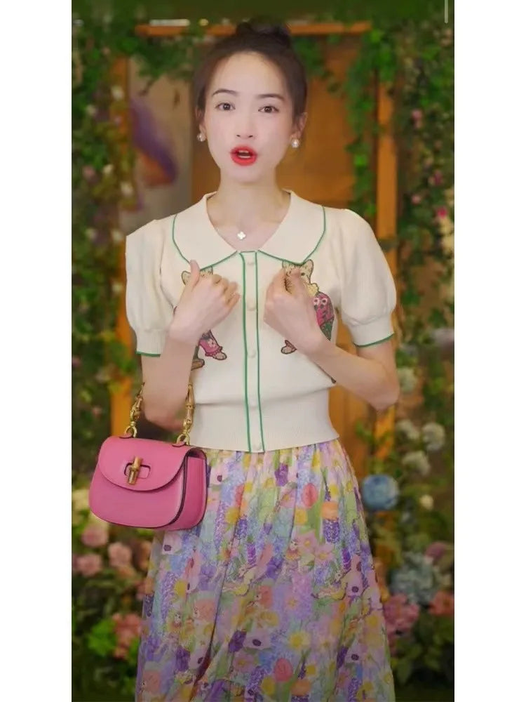 Cartoon Embroidery Short Sleeve Knitwear Top
