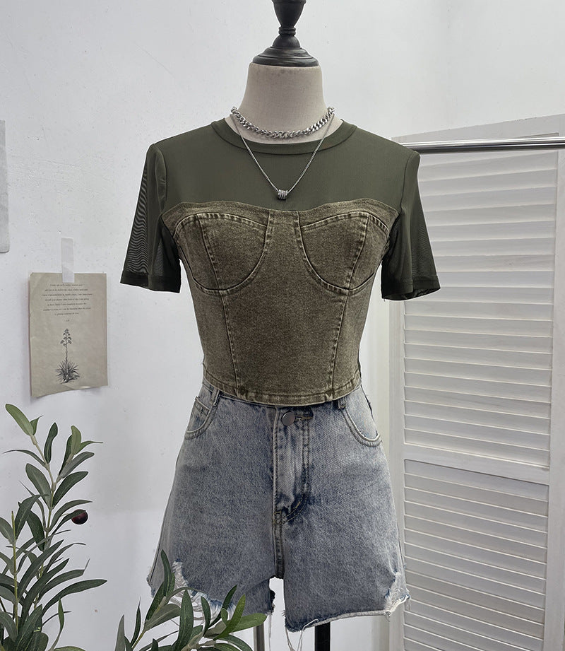 Cowboy patchwork mesh short sleeved T-shirt