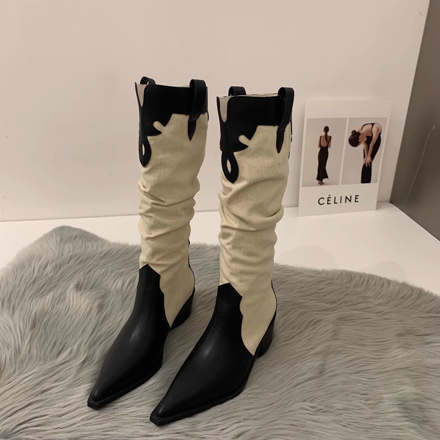 Western Cowboy Women's High Boots Low Heel Ladies Pointed Toe Knee High Boots Shoes Winter High Quality Suede Shoes