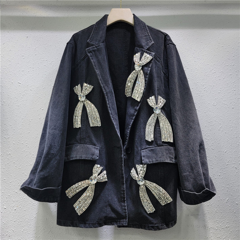 Women's Denim Blazer Big Diamonds Bows Decoration Single Buttons Washed Black Suit Jackets  Autumn New Fashion