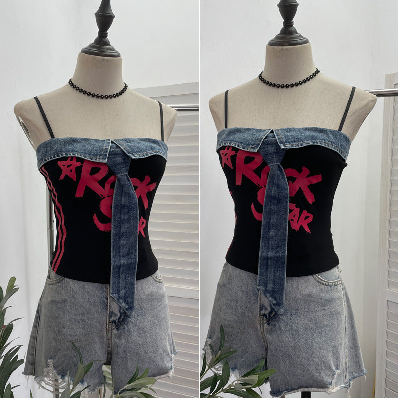 Cowboy patchwork printed tie camisole vest