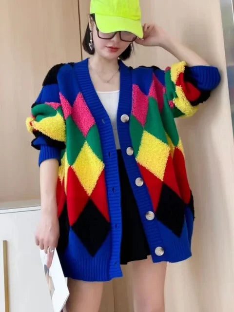 Oversized Cardigan Sweater Women's Loose Plaid V-neck Knitted Tops Coats Rainbow Color New Knit Fashion Women Sweaters