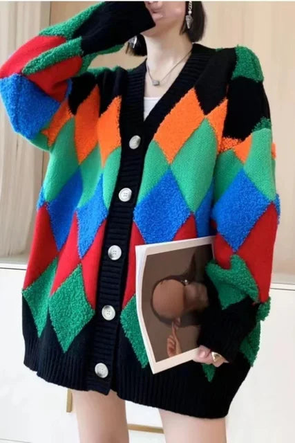 Oversized Cardigan Sweater Women's Loose Plaid V-neck Knitted Tops Coats Rainbow Color New Knit Fashion Women Sweaters