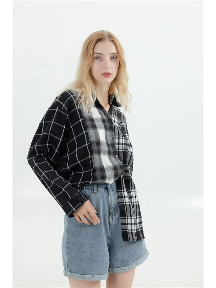 Oversized Plaid Patchwork Blouses