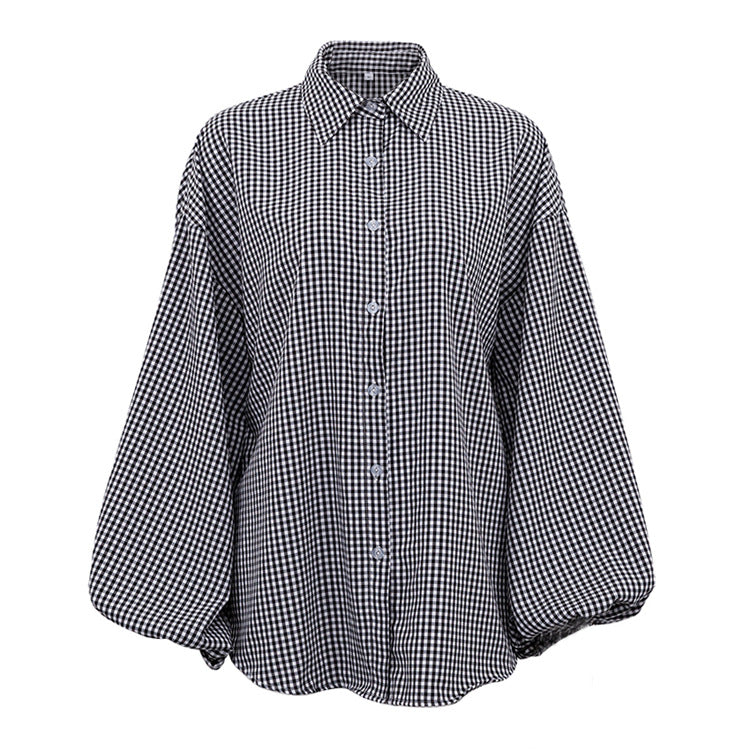 Black Lattice Women'S Blouse  Casual Lapel Puff Sleeve Office Lady Shirts Streetwaer Tops Female Clothing