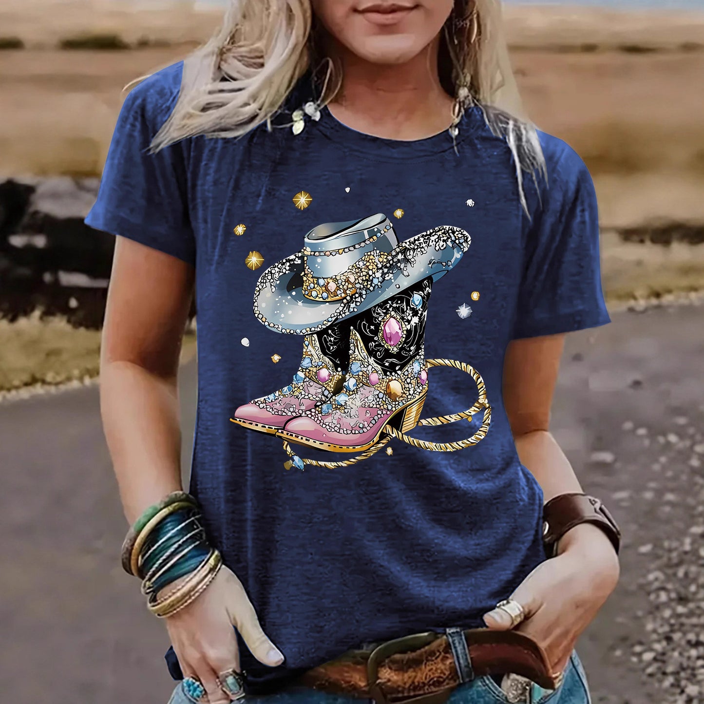 Round neck short sleeved women's T-shirt cowboy hat cowboy boots