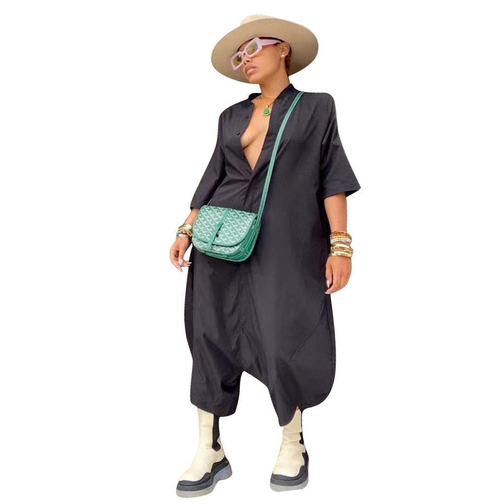 Jumpsuit Solid Half Sleeve Single Breasted Loose Ankle Length