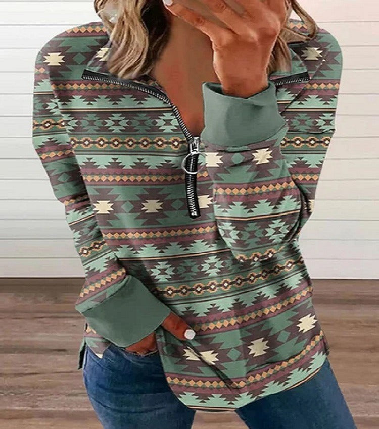 New European and American Womens Western Style Zipper Sweater