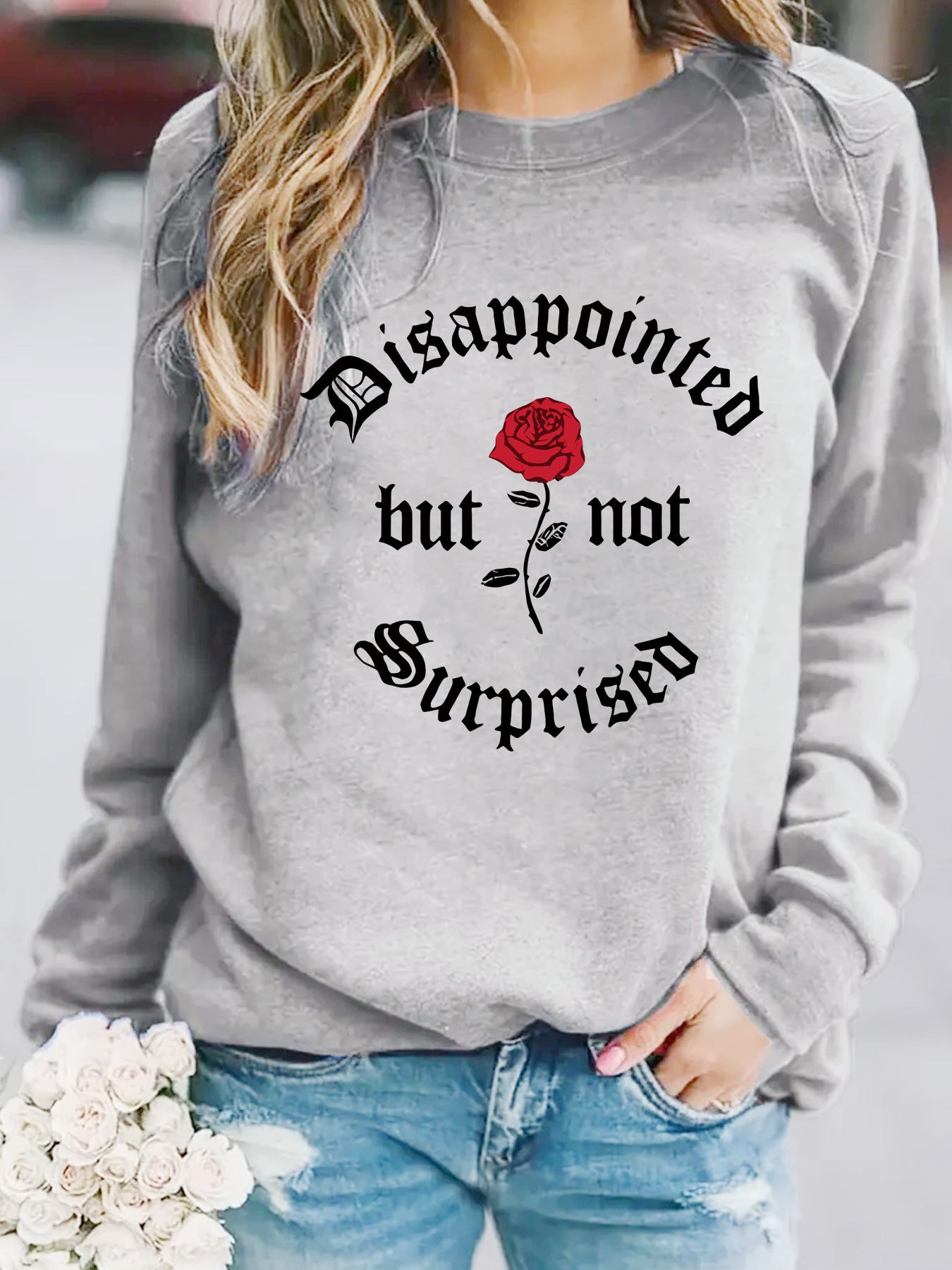 Disappointed rose print pullover sweatshirt