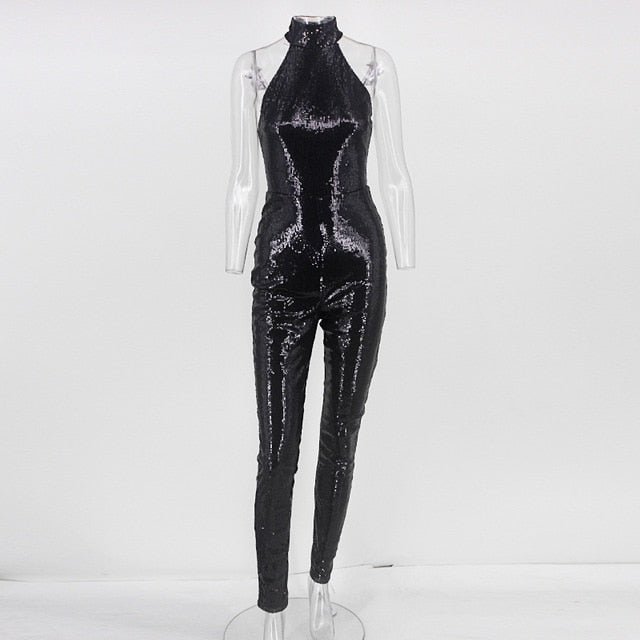 Jumpsuit Sexy Halter Off Shoulder Black Sequin Jumpsuit