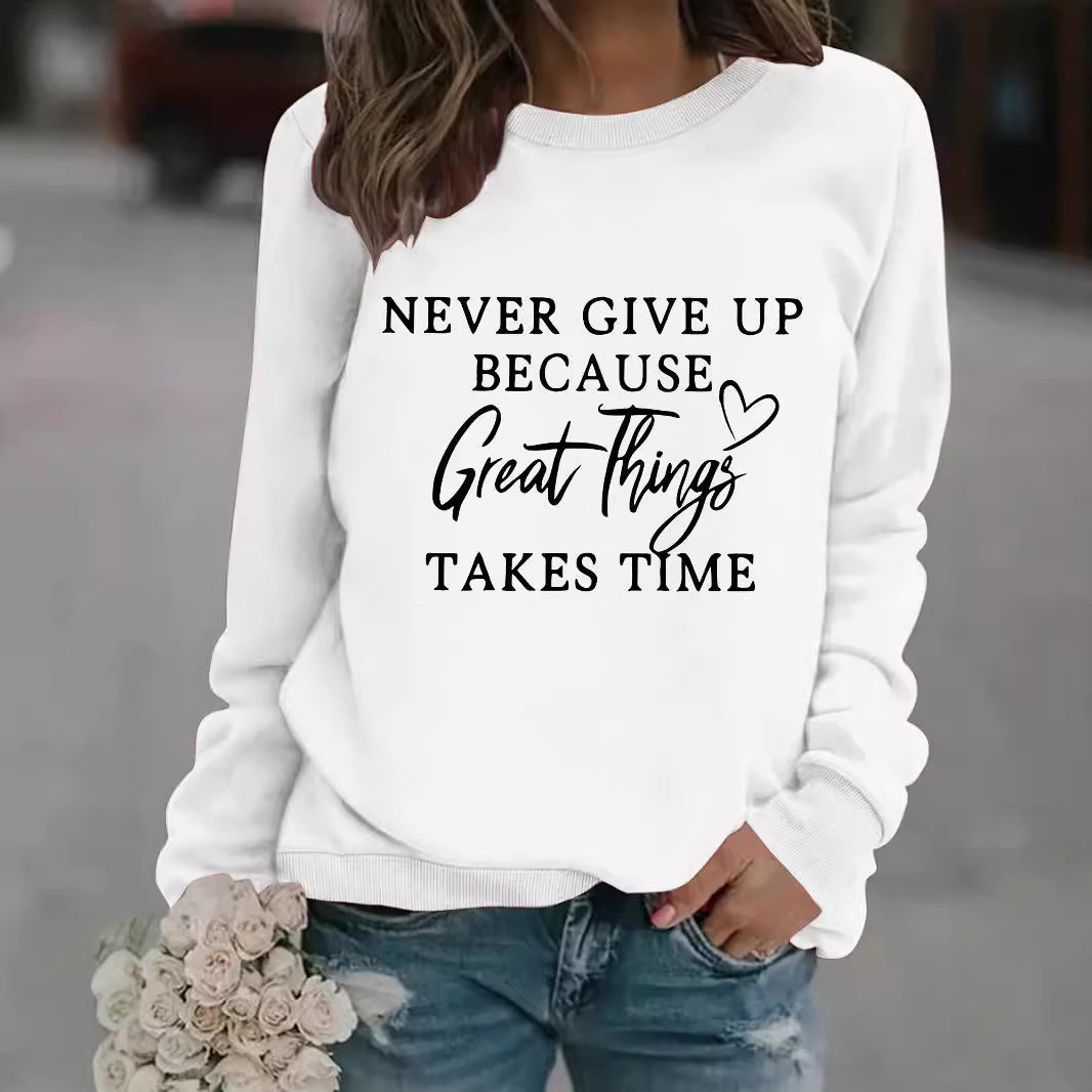 Long Sleeve Round Neck "NEVER GIVE" Print Crewneck Sweatshirt