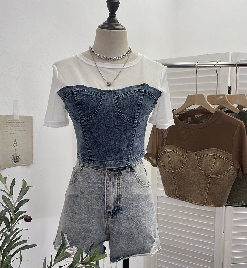 Cowboy patchwork mesh short sleeved T-shirt