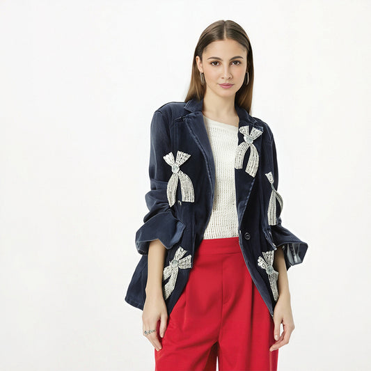 Women's Denim Blazer Big Diamonds Bows Decoration Single Buttons Washed Black Suit Jackets  Autumn New Fashion