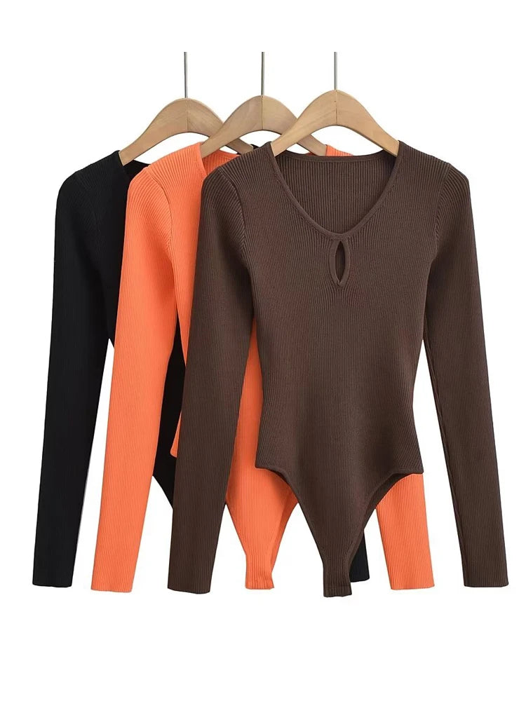Bodysuit Women Long Sleeve Hollow Out Knitted Stretchable Slim Jumpsuits
