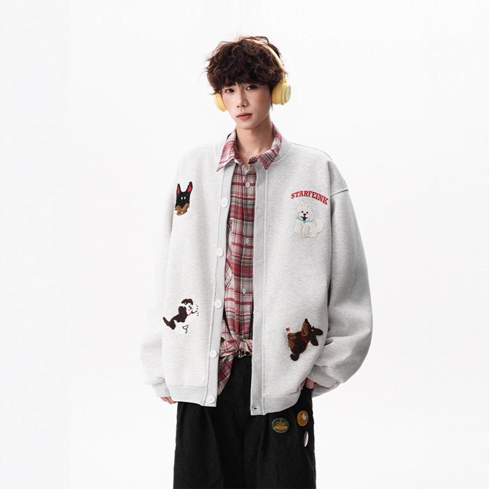 Fun Towel Embroidery Loose Hoodie Cardigan Men's Winter Fleece-Lined Thick Couple Jacket Oversized Baseball Jacket Trendy
