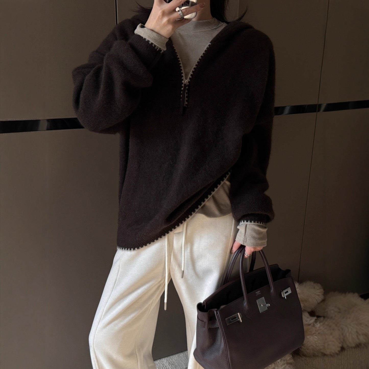 Relaxed Style Colour-blocked Ribbed Trim Half-zip Hoodie