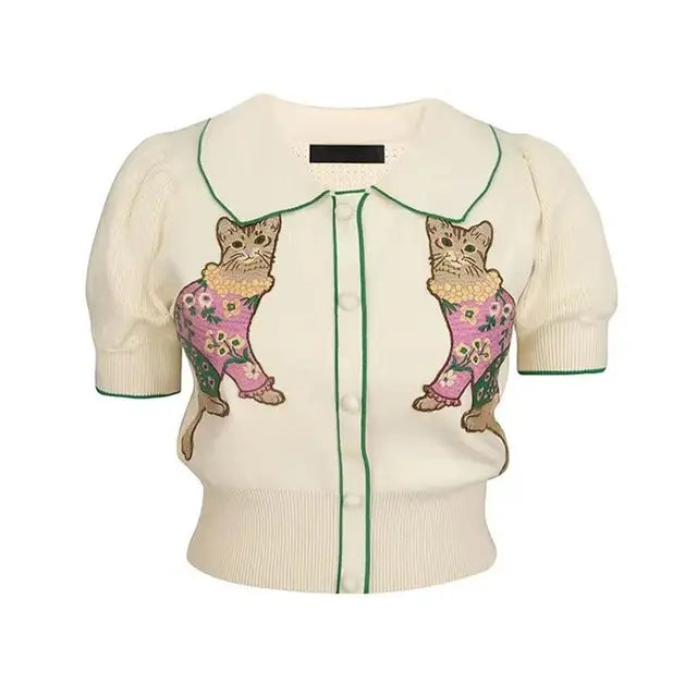 Cartoon Embroidery Short Sleeve Knitwear Top