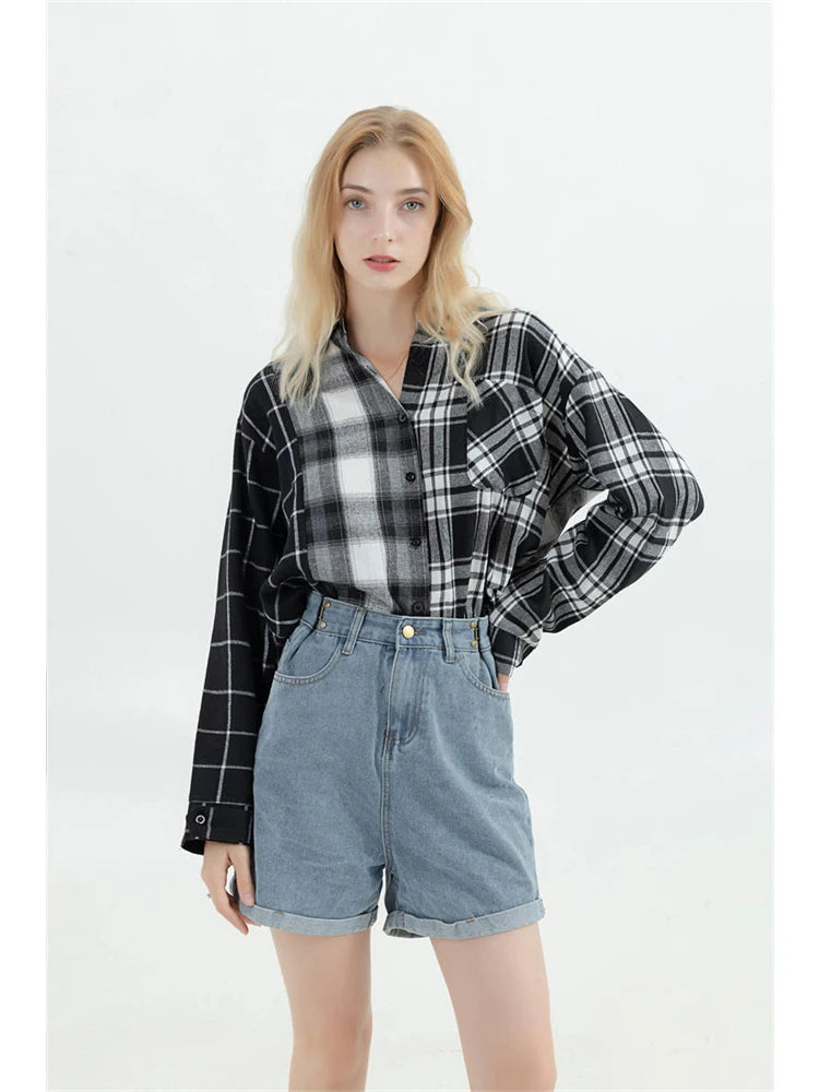 Oversized Plaid Patchwork Blouses