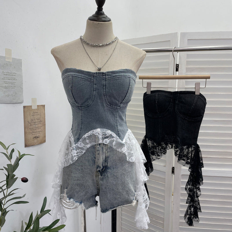 Cowboy patchwork lace ribbon irregular strapless top