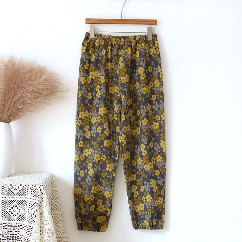 Spring and Summer Pure Cotton Gauze Home Fur Retro Floral Pants