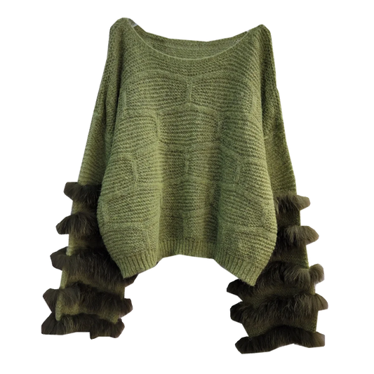 Vintage Faux Fur Patchwork Loose O-neck Thick Warm Pullover